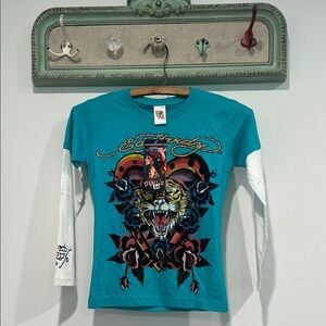 New Y2K Ed Hardy Blue /White Long Sleeve layer look Tee size 5/6 girls fall top